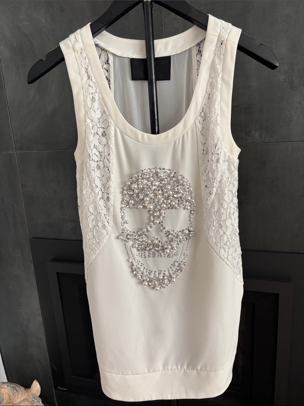 Philipp Plein White Pearl & Rhinestone Skull Lace-Panel Tank